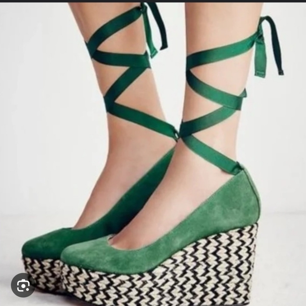 Free People Green Suede Wedge Heels Espadrilles Calf Tie Size EU 38 Size 7.5